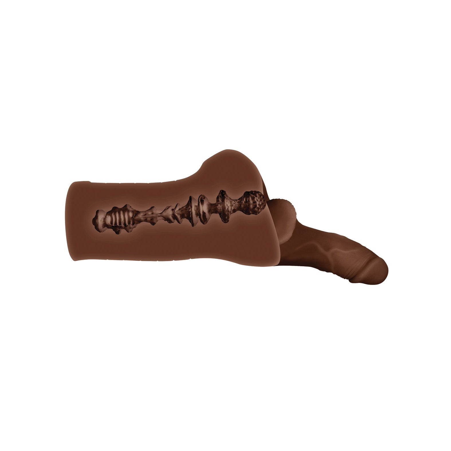 The Gender X Backdoor Bash Stroker, a personal massager sleeve in dark brown TPE rubber featuring a detailed textured inner design, is showcased against a plain background.