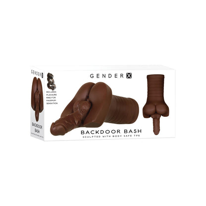 The Gender X Backdoor Bash Stroker by Gender X is a sculpted stroking toy made from body-safe TPE rubber with packaging that displays multiple angles and emphasizes its unique features for a detailed product view.