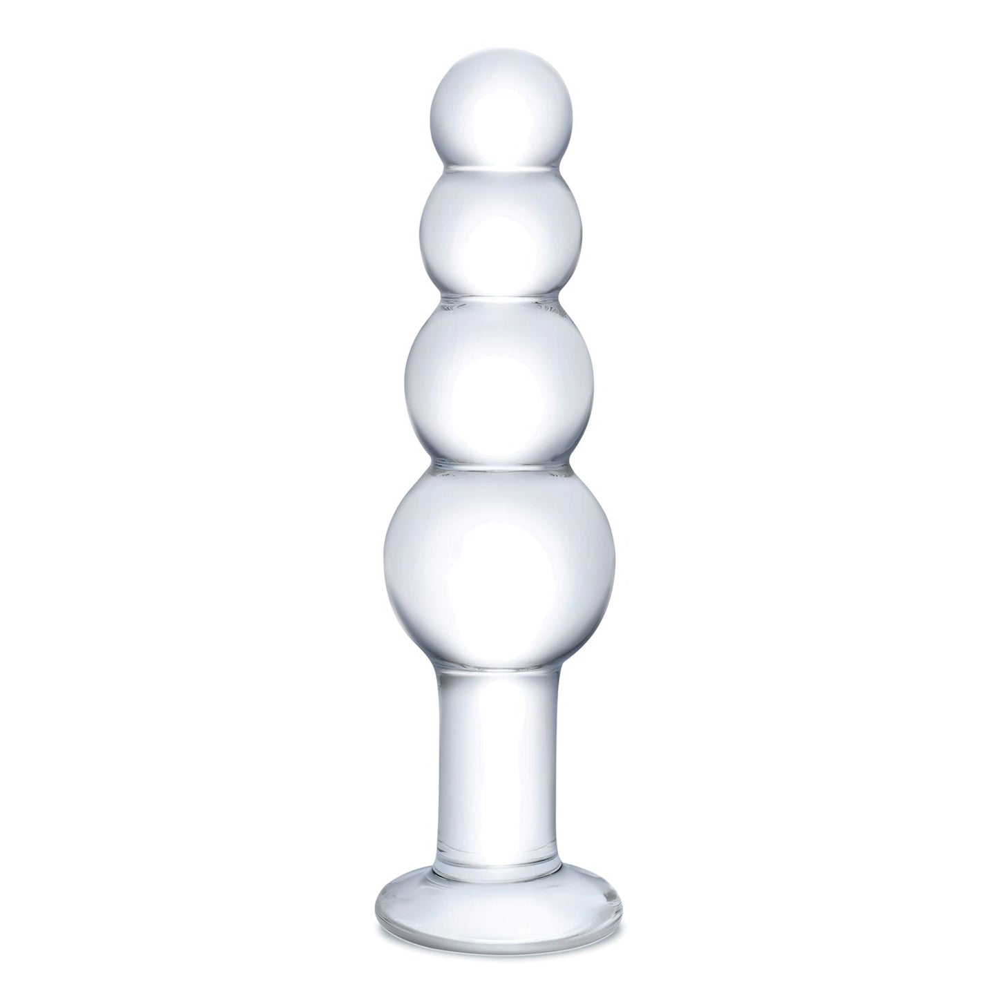 The Glas 7.25 Glass Beaded Butt Plug by Glas features four vertically stacked, increasing spherical segments with a short cylindrical base and wide round bottom for stability, offering both elegance and anal pleasure.
