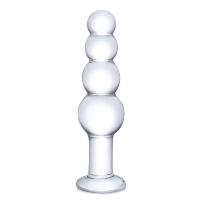 The Glas 7.25 Glass Beaded Butt Plug by Glas features four vertically stacked, increasing spherical segments with a short cylindrical base and wide round bottom for stability, offering both elegance and anal pleasure.