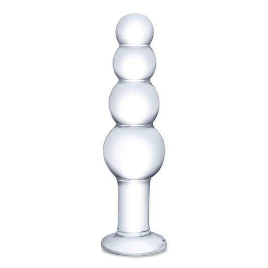The Glas 7.25 Glass Beaded Butt Plug by Glas features four vertically stacked, increasing spherical segments with a short cylindrical base and wide round bottom for stability, offering both elegance and anal pleasure.