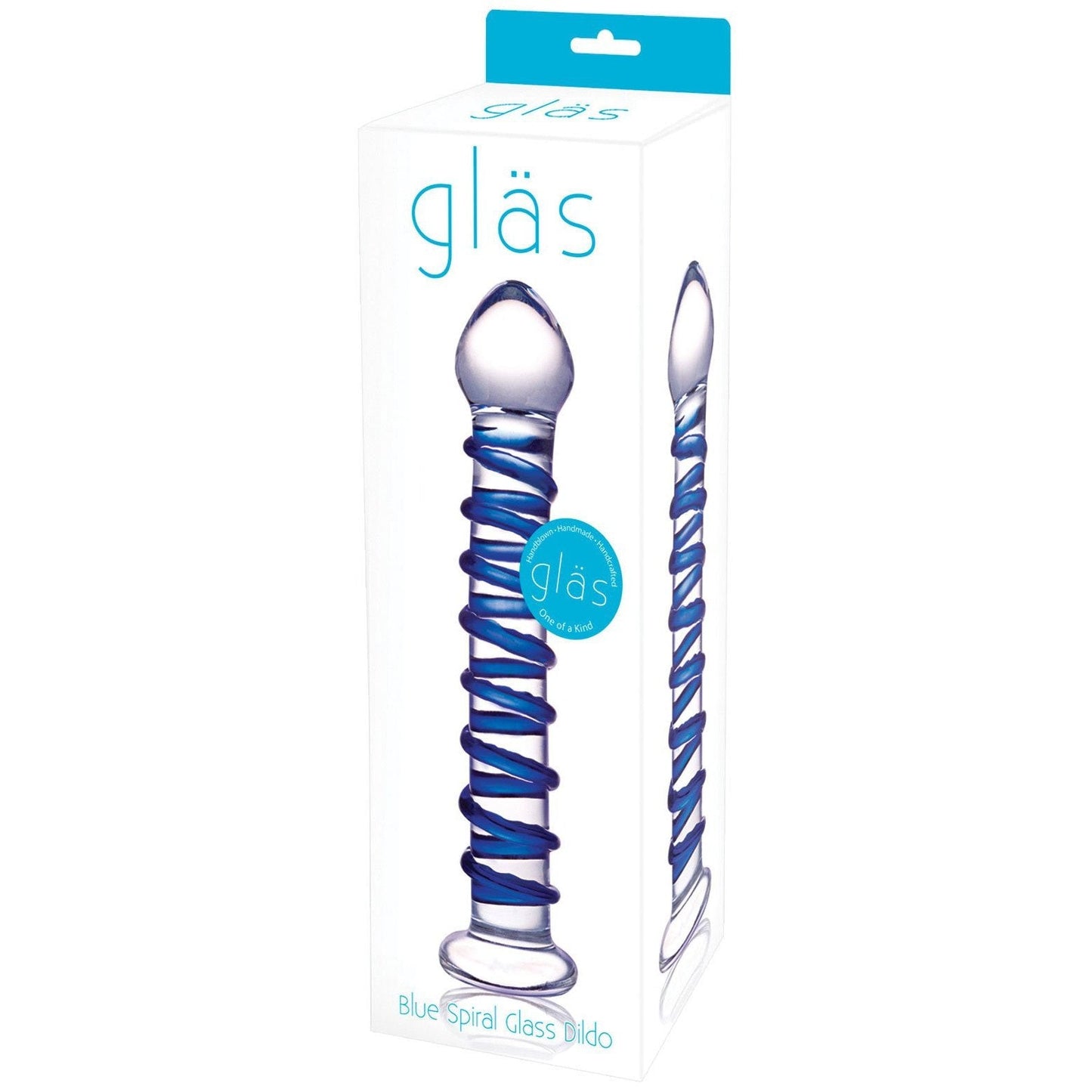 The hypoallergenic toy packaging highlights the Glas Blue Spiral Glass Dildo, showcasing its fracture-resistant design with a blue spiral. The brand name Gläs is prominently displayed at the top.