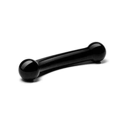 The Glas Double Bull Glass Dildo - Black by Glas features a glossy, curved dog bone design with spherical ends for precise p-spot stimulation, elegantly displayed on a plain white background, promising unforgettable prostate orgasms.