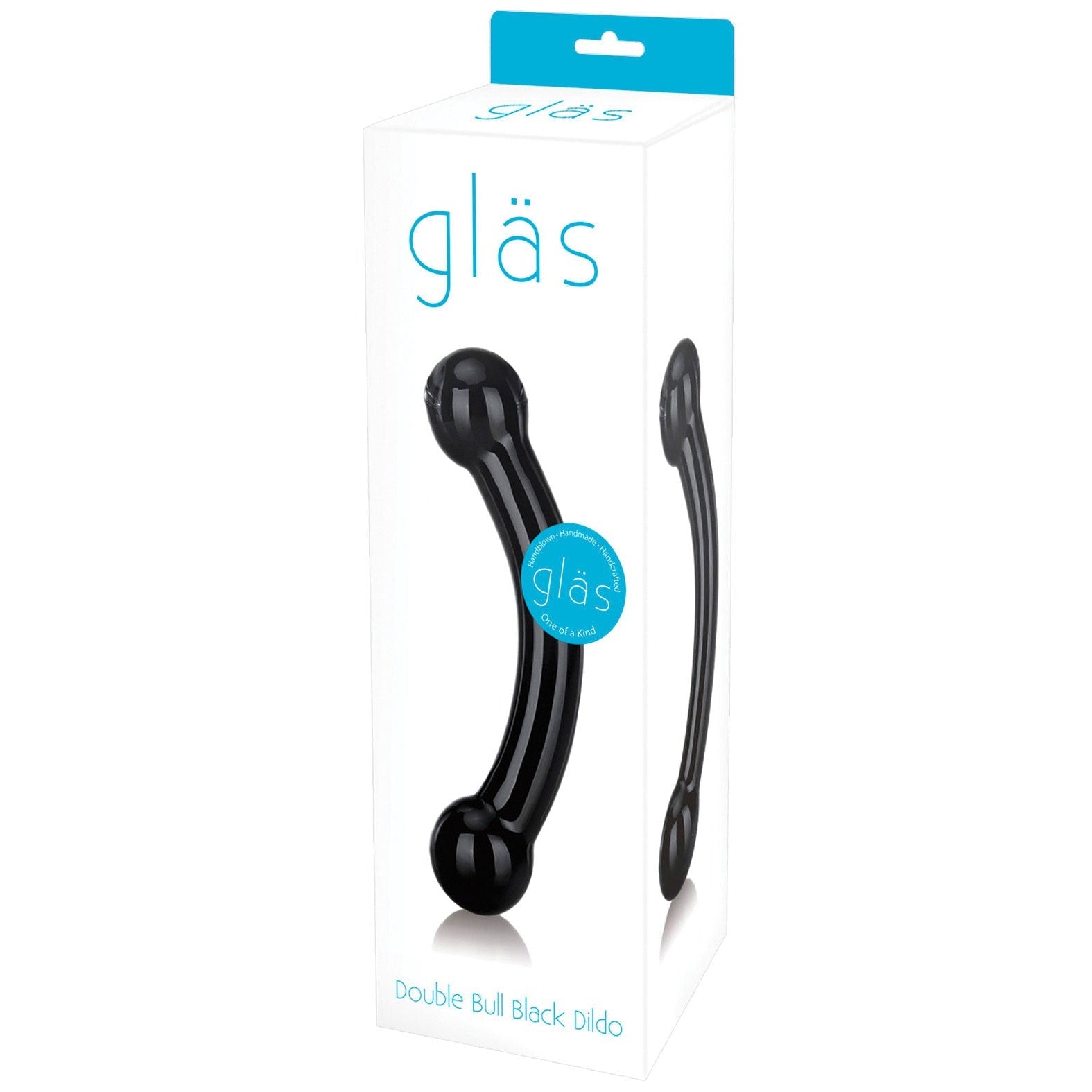 The product box showcases the Glas Double Bull Glass Dildo - Black, designed for p-spot stimulation. The sleek, curved glass dildo with bulbous ends is prominently featured with the Glas brand name and details, promising intense prostate orgasms.