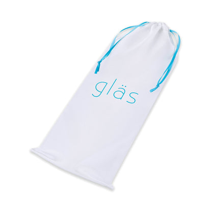 A white drawstring bag with light blue strings, featuring gläs in blue. This stylish accessory complements your Glas Double Bull Glass Dildo - Black, adding elegance to your p-spot stimulation sessions.