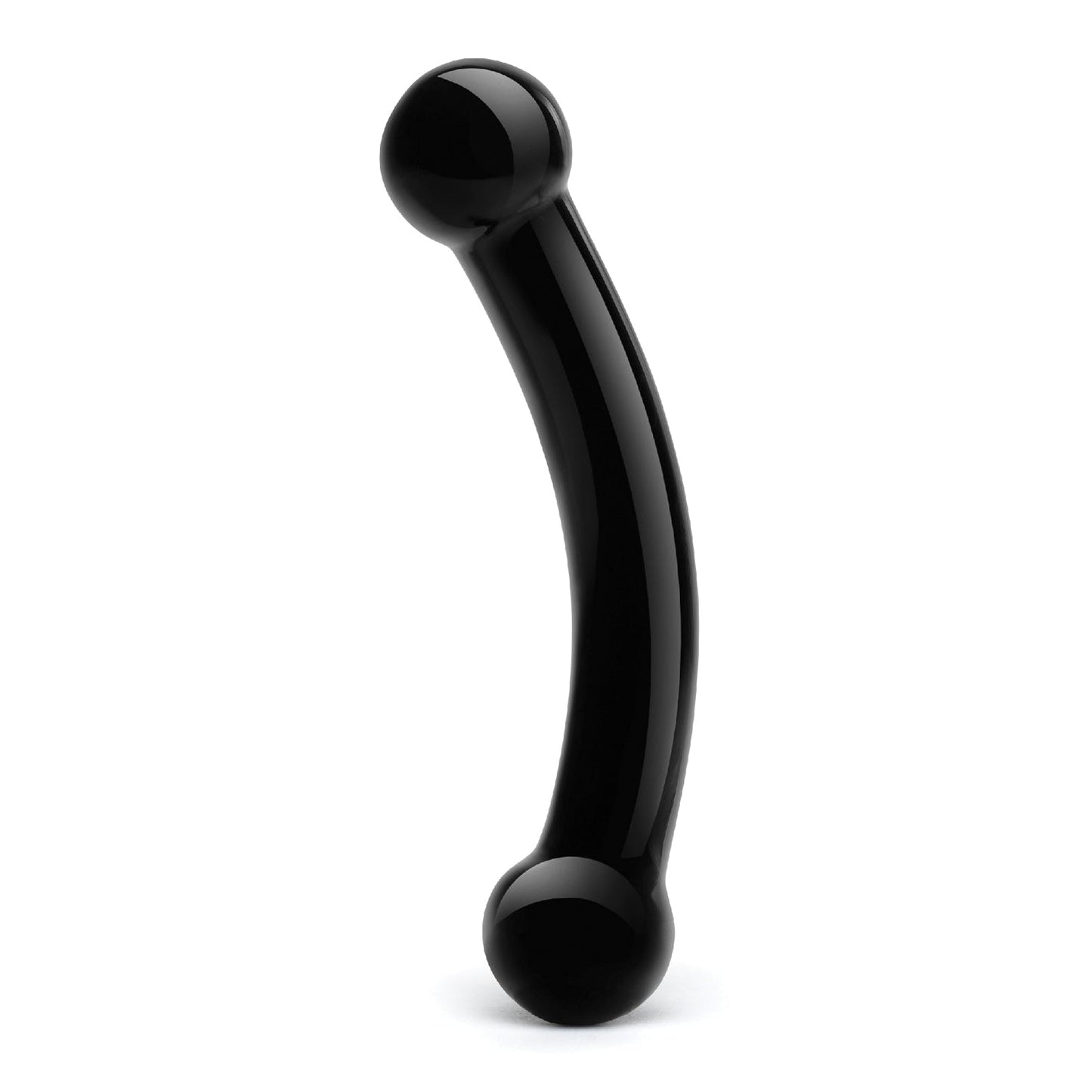 The Glas Double Bull Glass Dildo - Black by Glas is a black, curved object with rounded ends, resembling a minimalist sculpture or modern ergonomic tool for p-spot stimulation, set against a white background.
