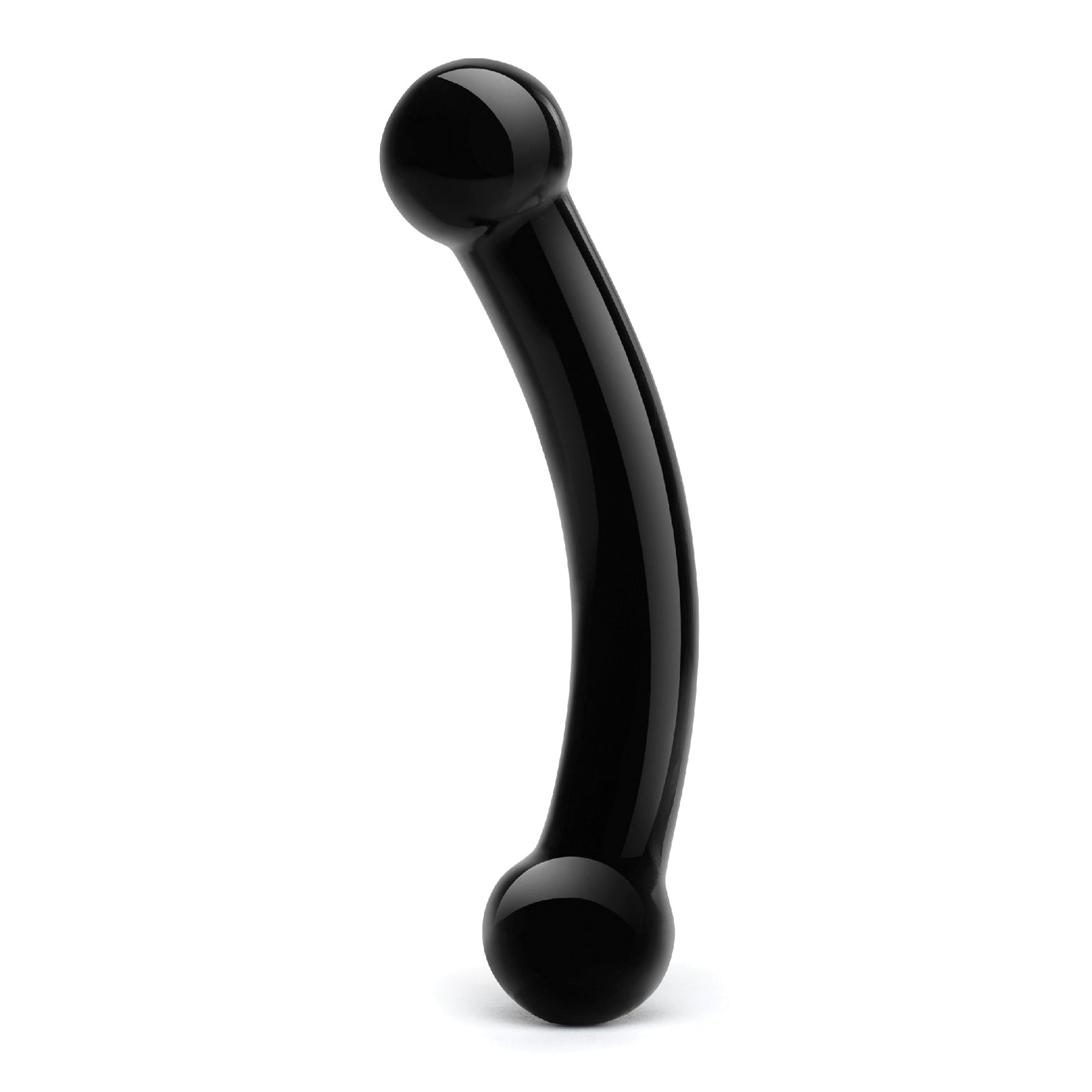 The Glas Double Bull Glass Dildo - Black by Glas is a black, curved object with rounded ends, resembling a minimalist sculpture or modern ergonomic tool for p-spot stimulation, set against a white background.