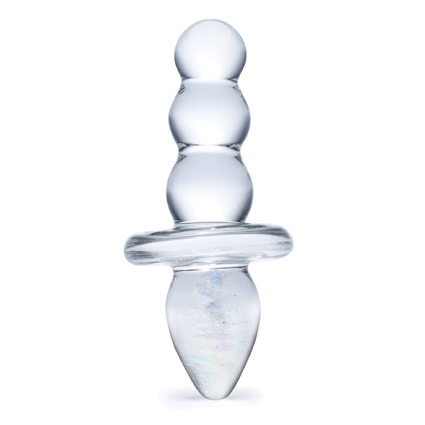 The Gläs Titus Beaded Glass Butt Plug features a hypoallergenic, textured design with three rounded beads above a tapered tip and a flared base. Made from shatterproof glass for comfort and safety.