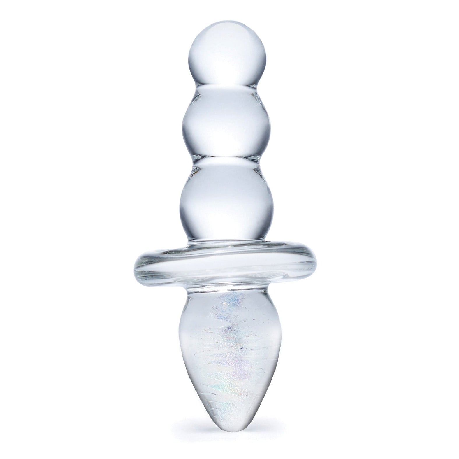 The Gläs Titus Beaded Glass Butt Plug features a hypoallergenic, textured design with three rounded beads above a tapered tip and a flared base. Made from shatterproof glass for comfort and safety.