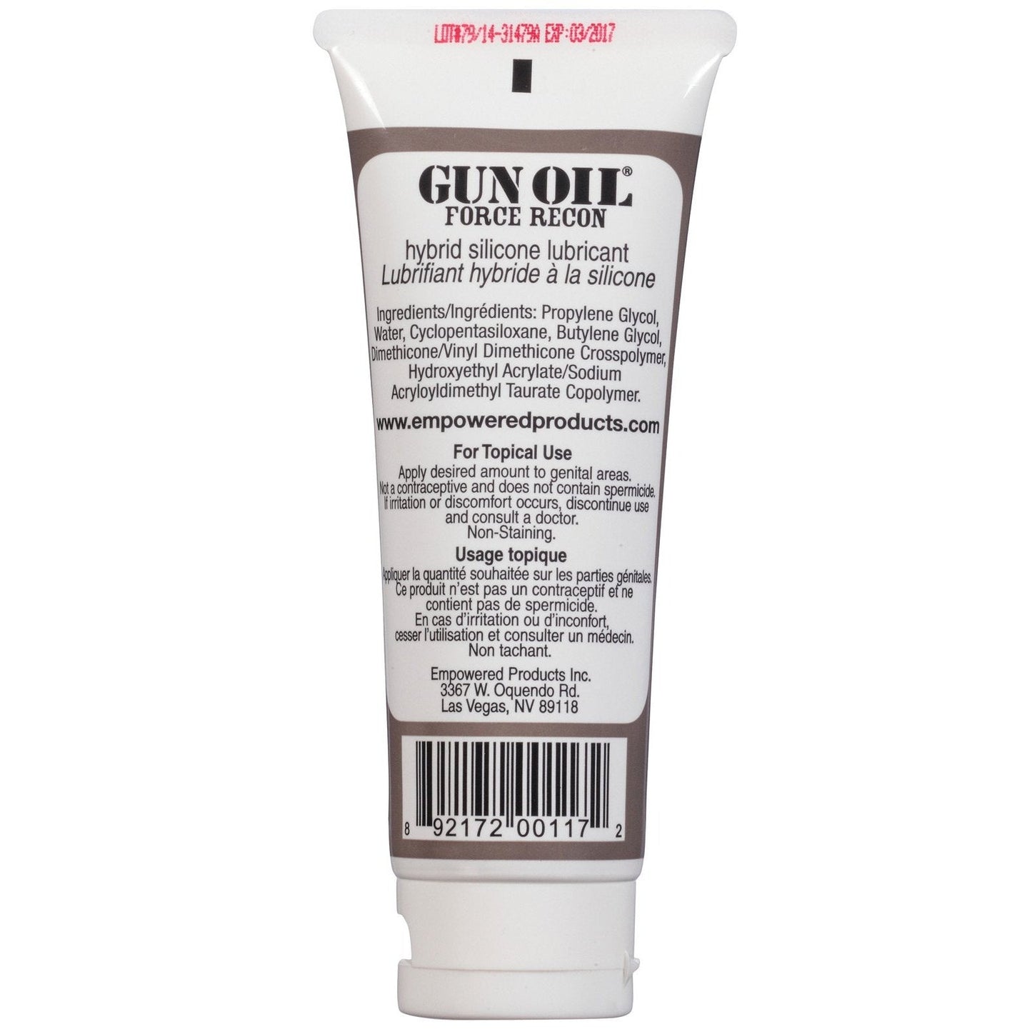 A tube of Gun Oil Force Recon Silicone & Water Based Hybrid Lube, featuring a non-staining formula. The label provides ingredients, usage instructions, and manufacturer info for safe topical use, enhancing your experience.