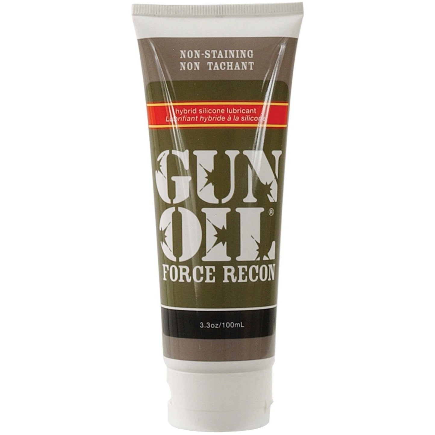 The Gun Oil Force Recon Silicone & Water Based Hybrid Lube, ideal for anal play, is showcased in a 3.3 oz (100 ml) tube with a brown and olive design. The label highlights its specialty hybrid silicone formula and non-staining properties.