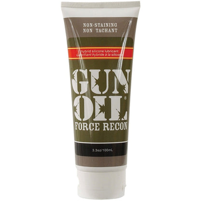 The Gun Oil Force Recon Silicone & Water Based Hybrid Lube, ideal for anal play, is showcased in a 3.3 oz (100 ml) tube with a brown and olive design. The label highlights its specialty hybrid silicone formula and non-staining properties.