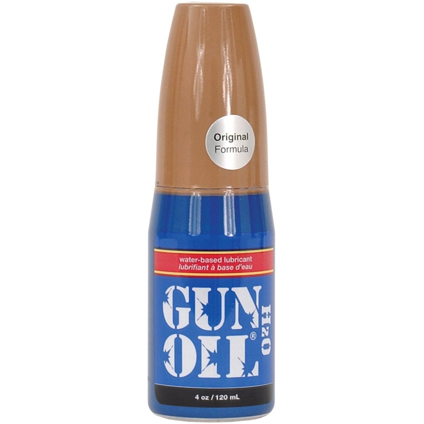 A 4 oz bottle of Gun Oil - H2O, a water-based lubricant infused with aloe vera for ultimate comfort, comes with a brown cap and blue label featuring Original Formula.