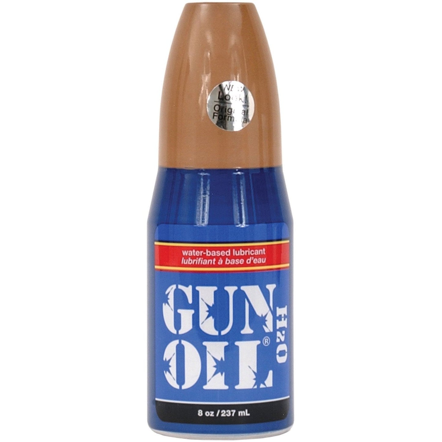 An 8 oz (237 ml) bottle of Gun Oil - H2O, a water-based lubricant by Gun Oil, infused with aloe vera for soothing. It has a blue and brown design with white text and promises a long-lasting experience.