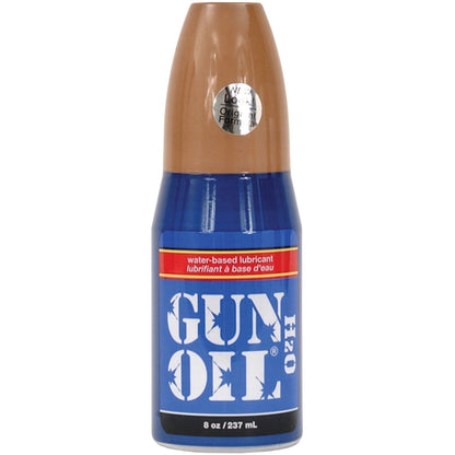An 8 oz (237 ml) bottle of Gun Oil - H2O, a water-based lubricant by Gun Oil, infused with aloe vera for soothing. It has a blue and brown design with white text and promises a long-lasting experience.