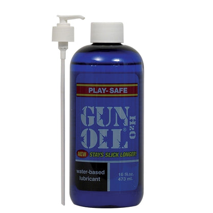 A 16 fl. oz. blue bottle of Gun Oil - H2O water-based lube includes a pump dispenser, featuring the Play-Safe and New Stays Slick Longer text on the label, offering a long-lasting lubricant experience for users seeking quality.
