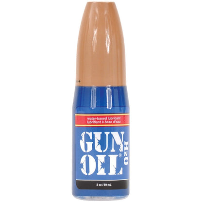 A 2 oz (59 ml) bottle of Gun Oil H2O water-based lubricant, infused with aloe vera for comfort, featuring a brown cap and blue label with the brand name prominently displayed, ensures lasting moisture.