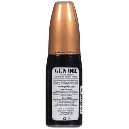 Gun Oil Silicone features a sleek black label and luxurious gold cap, with directions, ingredients, and website clearly detailed. Enhanced with Vitamin E, its a premium lubricant from the Gun Oil brand.
