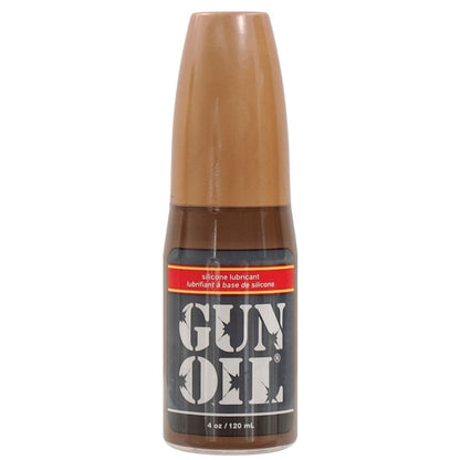 A 4 oz bottle of Gun Oil Silicone from Gun Oil features a brown cap, a black label, and bold white text, enriched with Vitamin E.