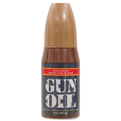 An 8 oz (237 ml) bottle of Gun Oil Silicone lubricant, brown and black with bold text on the label featuring a red stripe, infused with Vitamin E.