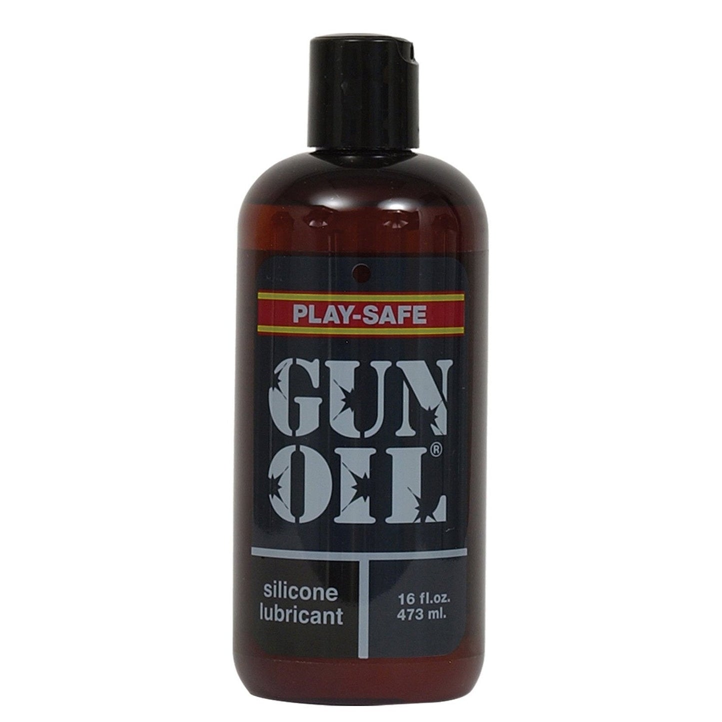 A 16 fl. oz. Gun Oil Silicone lubricant bottle features a sleek black cap and label with white text, red and yellow accents, highlighting PLAY-SAFE and Silicone Lubrication. It is enhanced with Vitamin E for added skin nourishment.