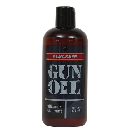 A 16 fl. oz. Gun Oil Silicone lubricant bottle features a sleek black cap and label with white text, red and yellow accents, highlighting PLAY-SAFE and Silicone Lubrication. It is enhanced with Vitamin E for added skin nourishment.