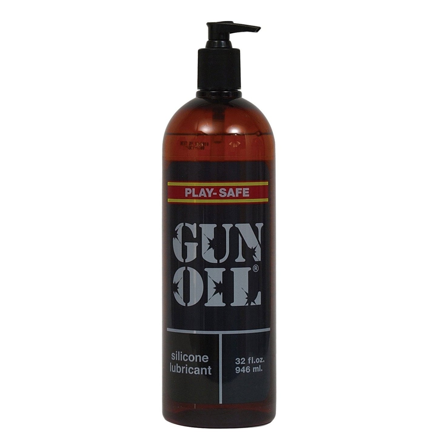 A 32 fl. oz. brown bottle of Gun Oil Silicone Lubricant with a pump features Play-Safe on the label, providing smooth silicone lubrication enriched with Vitamin E.