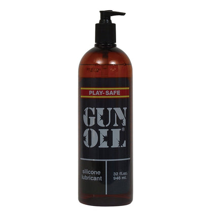 A 32 fl. oz. brown bottle of Gun Oil Silicone Lubricant with a pump features Play-Safe on the label, providing smooth silicone lubrication enriched with Vitamin E.
