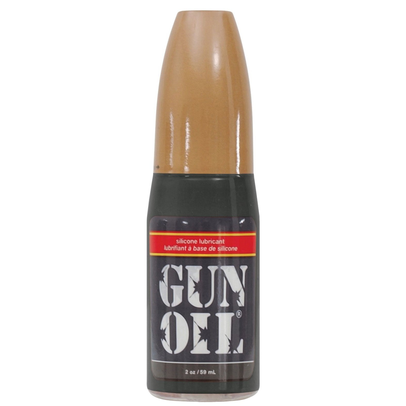 A 2 oz (59 mL) bottle of Gun Oil Silicone lubricant, enriched with Vitamin E. The packaging features a brown and black design with a bold red label, showcasing the Gun Oil product name in clear white uppercase letters.