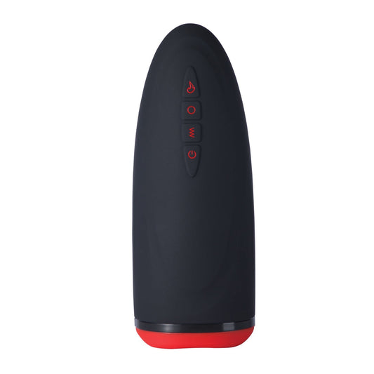 The Dayo Autoblowjob Clamping Penis Massager by Honey Play Box features a sleek black and red oval design with automatic clamping technology. Its modern aesthetic includes a front row of four icon-adorned buttons, creating a minimalistic look perfect for an automatic male stroker experience.
