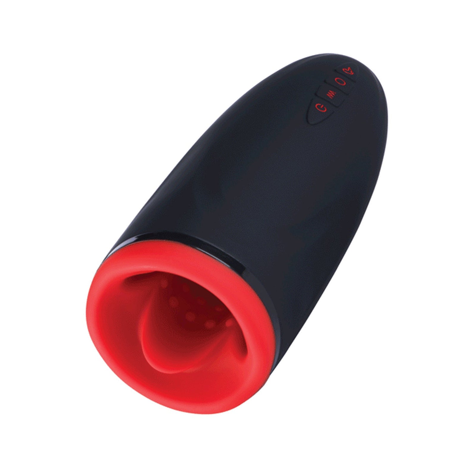 The Dayo Autoblowjob Clamping Penis Massager by Honey Play Box is a black handheld electronic device with a glowing red interior, side control buttons, and automatic clamping technology.