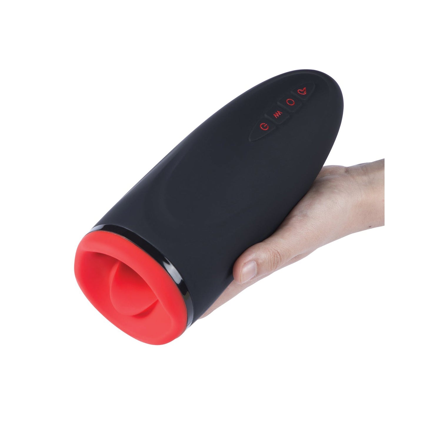 A hand holds a Dayo Autoblowjob Clamping Penis Massager by Honey Play Box, a black and red handheld electronic device with several buttons featuring icons and letters on a plain white background. The device has a red interior with a circular opening.