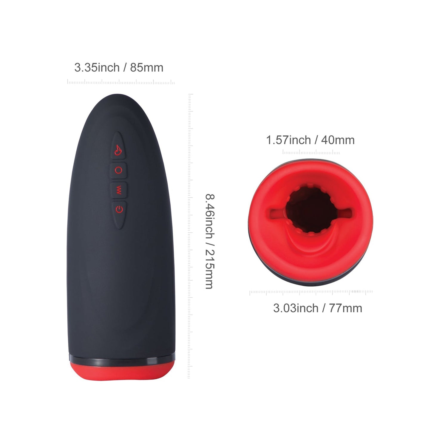 The Dayo Autoblowjob Clamping Penis Massager by Honey Play Box is a sleek black and red cylindrical device, measuring 3.35 wide and 8.46 tall, with vibrant vibrations, a 1.57 opening, a 3.03 base diameter, and includes a power button plus extra controls for enhanced experiences.