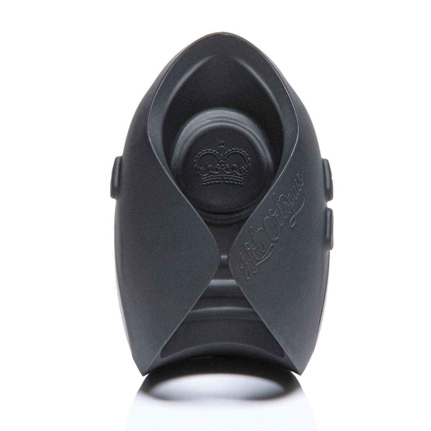 A sleek black cover for the Hot Octopuss Pulse Solo Essential male sex toy features a crown emblem and elegant embossing. The open-front design showcases its contours and distinctive accents against a white background.