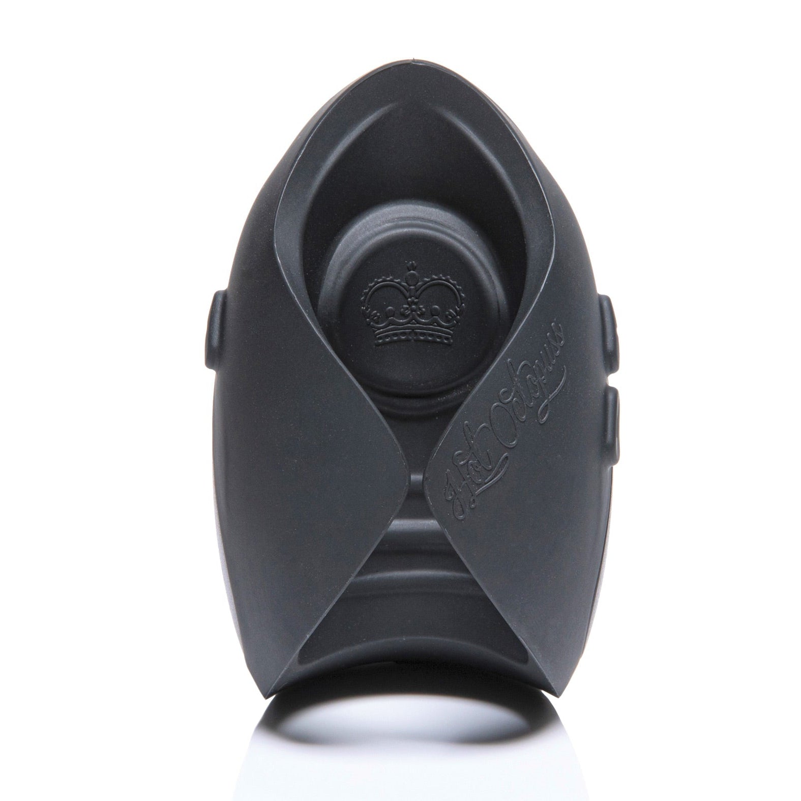 A sleek black cover for the Hot Octopuss Pulse Solo Essential male sex toy features a crown emblem and elegant embossing. The open-front design showcases its contours and distinctive accents against a white background.