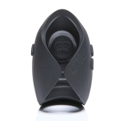 A sleek black cover for the Hot Octopuss Pulse Solo Essential male sex toy features a crown emblem and elegant embossing. The open-front design showcases its contours and distinctive accents against a white background.