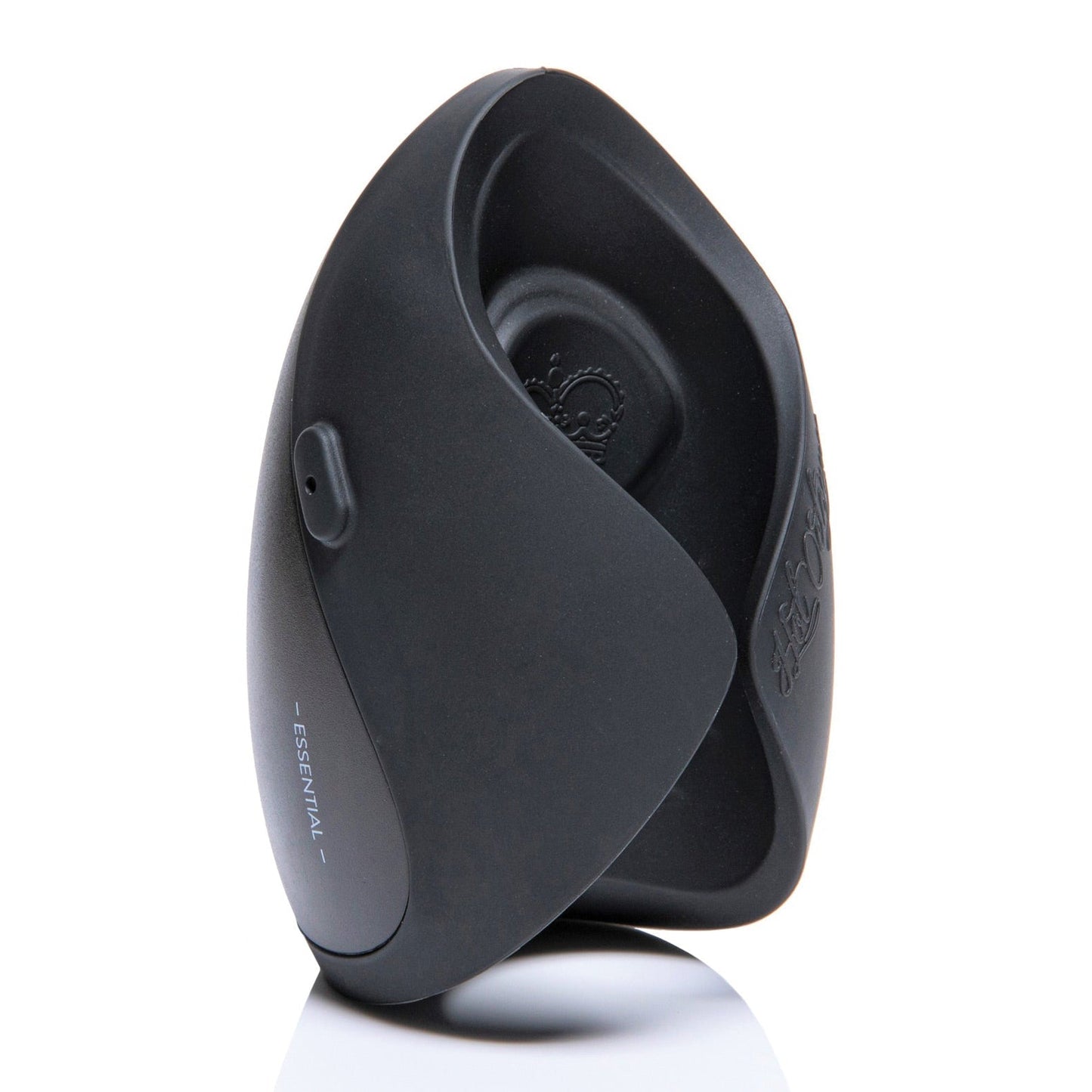 A sleek black ergonomic door stopper with a curved design echoes the innovative style of the Hot Octopuss Pulse Solo Essential, subtly featuring Essential on the side.