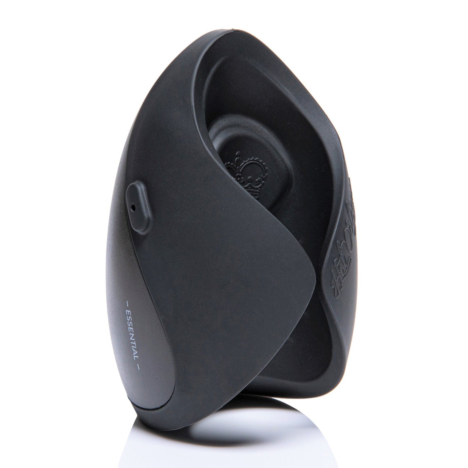 A sleek black ergonomic door stopper with a curved design echoes the innovative style of the Hot Octopuss Pulse Solo Essential, subtly featuring Essential on the side.