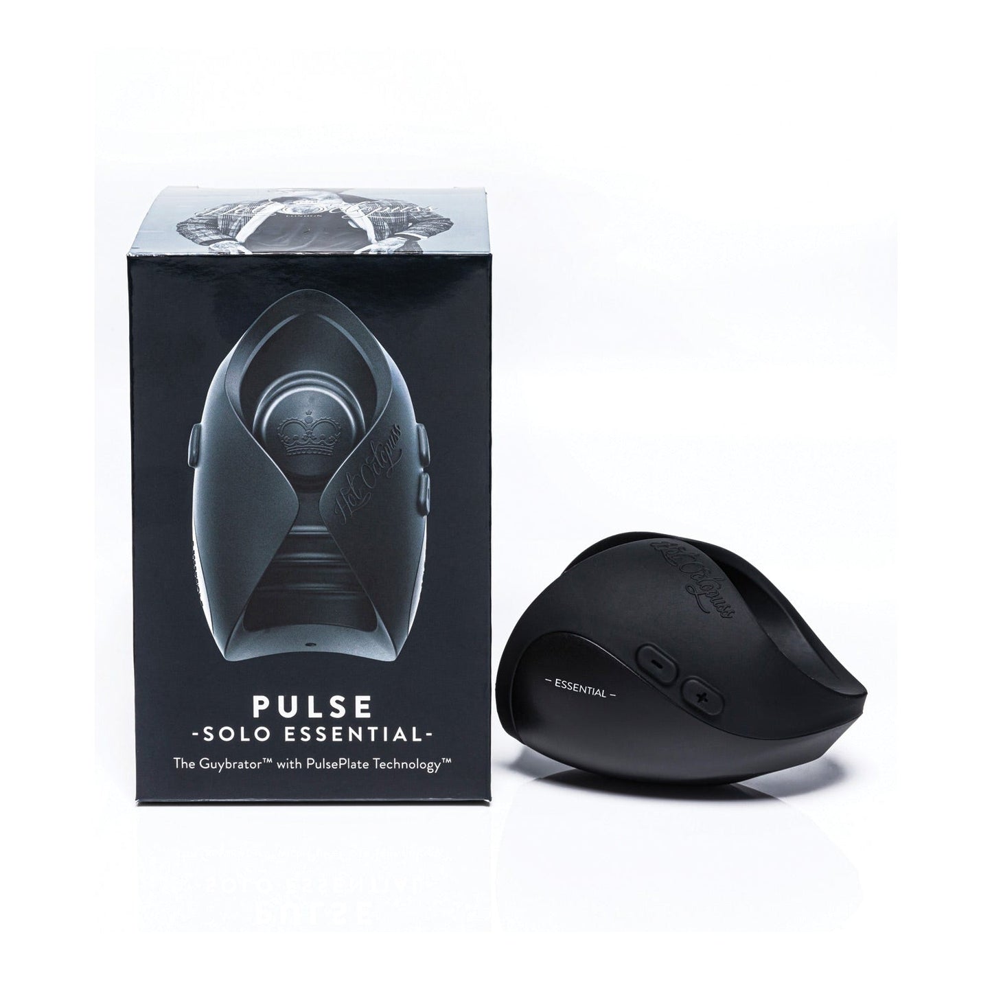 The box and product of the Hot Octopuss Pulse Solo Essential, a sleek black electronic Guybrator from Hot Octopuss featuring side buttons, highlight its innovative PulsePlate Technology, offering an unparalleled experience.