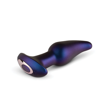 The Hueman Asteroid Rimming Anal Plug by Hueman is a small, smooth plug with a dark blue and purple gradient designed for prostate stimulation, featuring a circular metallic silver base on a white background.