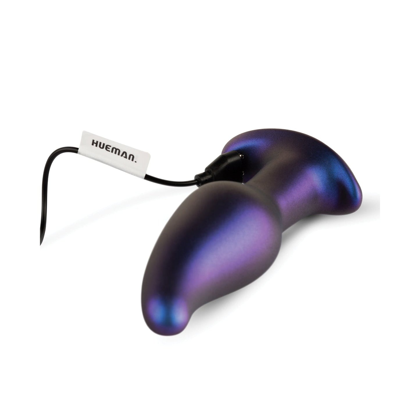 A metallic purple and blue gradient wearable device, the Hueman Asteroid Rimming Anal Plug by Hueman, includes a USB charging cable and features a streamlined, curved shape for ultimate comfort and style.