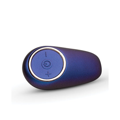 A compact, dark blue Hueman Asteroid Rimming Anal Plug features a visible power button with a power symbol, resembling a sleek remote control. It is stylishly displayed on a plain white background.