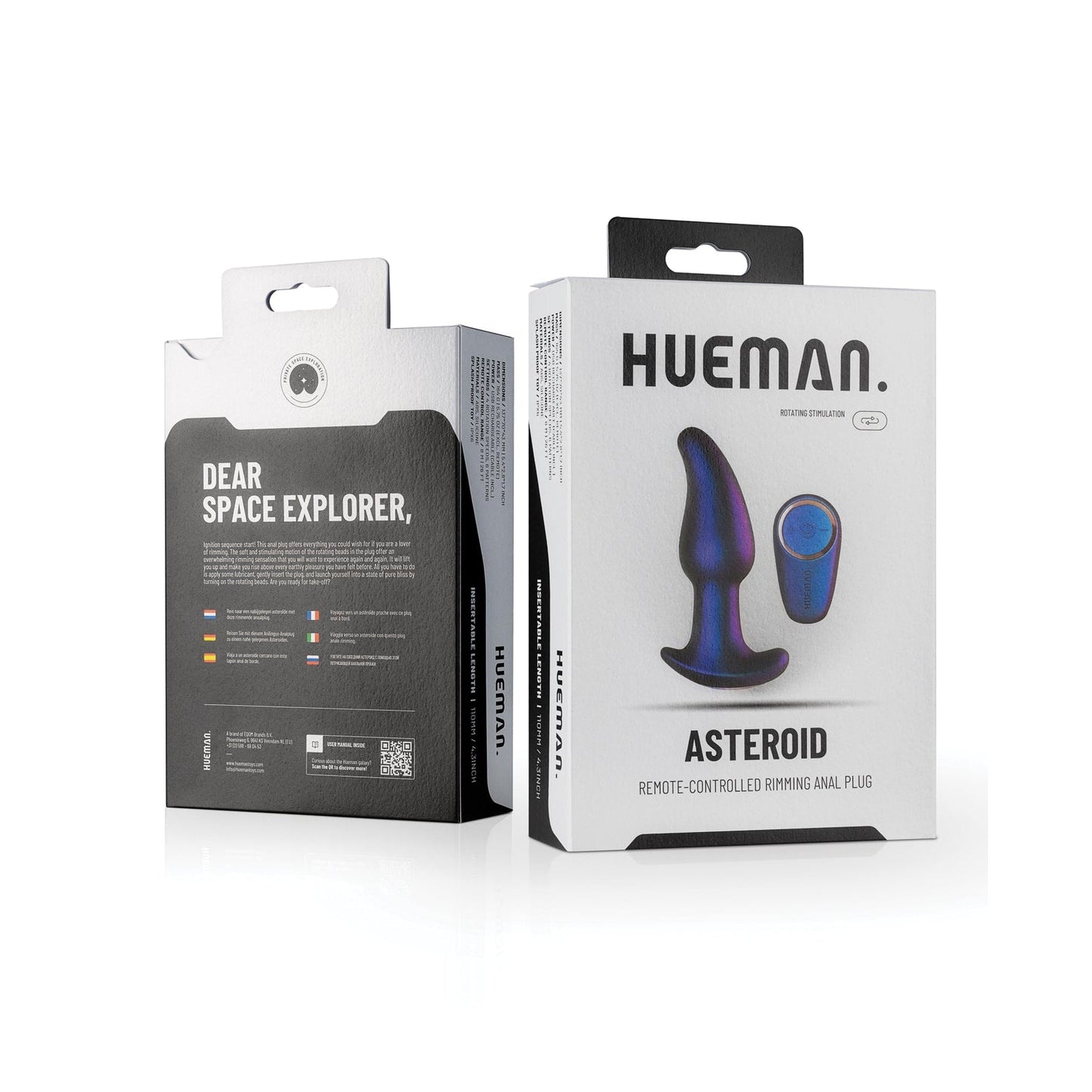 The Hueman Asteroid Rimming Anal Plugs packaging features a sleek, remote-controlled design and prostate benefits. Its modern black-and-white look is enhanced by multilingual text that makes it truly bootylicious.