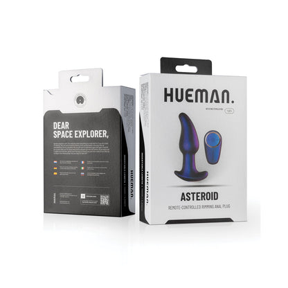 The Hueman Asteroid Rimming Anal Plugs packaging features a sleek, remote-controlled design and prostate benefits. Its modern black-and-white look is enhanced by multilingual text that makes it truly bootylicious.