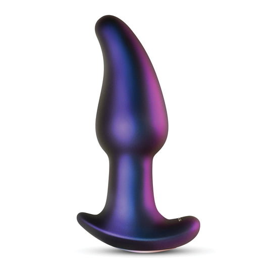 The Hueman Asteroid Rimming Anal Plug by Hueman is a smooth, curved silicone plug with a dark iridescent blue and purple finish, designed for prostate stimulation. Its base is slightly wider for safety during use.
