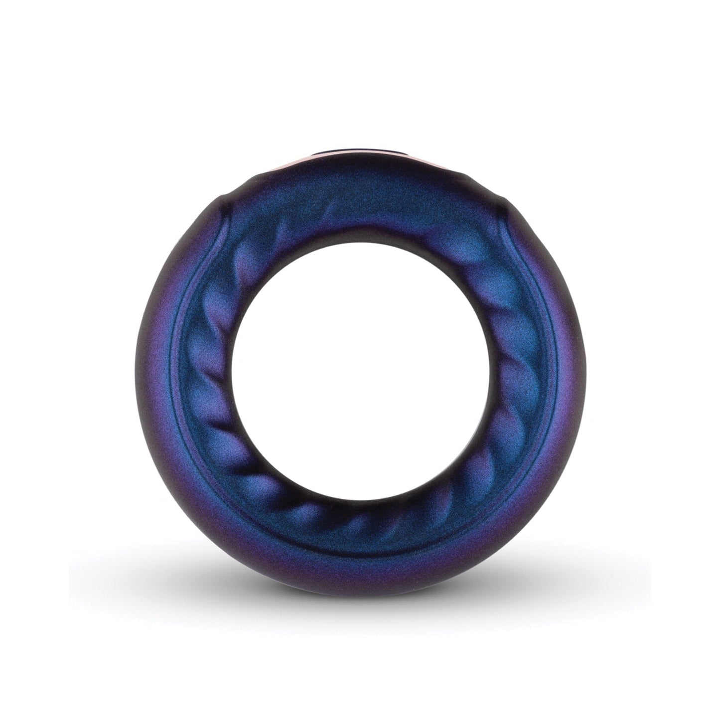 The Hueman Saturn Vibrating Cock & Ball Ring is an iridescent metallic toy with a hollow center and textured surface, featuring blue to purple gradient hues. It offers intergalactic fun with 10 vibration modes against a sleek white backdrop.