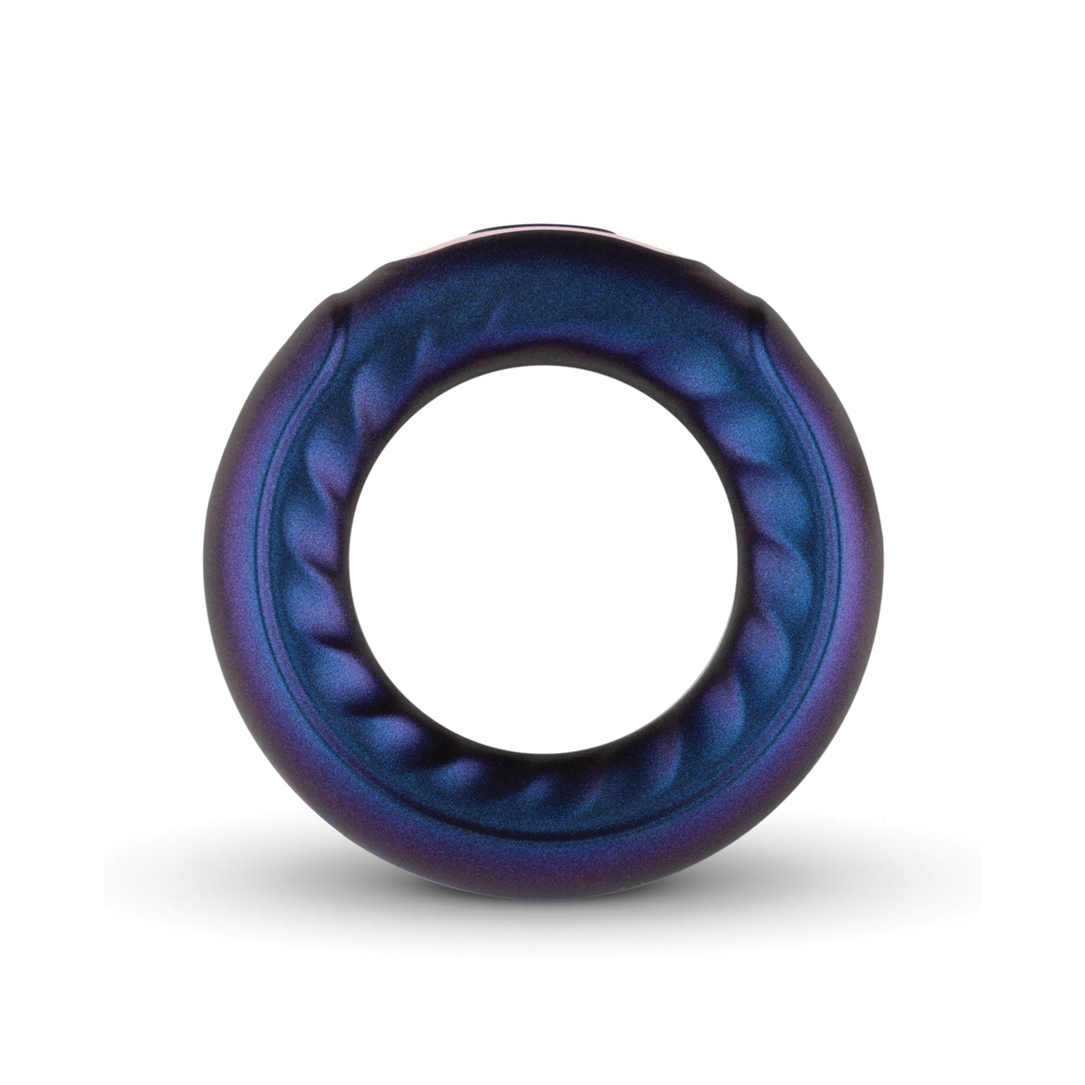 The Hueman Saturn Vibrating Cock & Ball Ring is an iridescent metallic toy with a hollow center and textured surface, featuring blue to purple gradient hues. It offers intergalactic fun with 10 vibration modes against a sleek white backdrop.