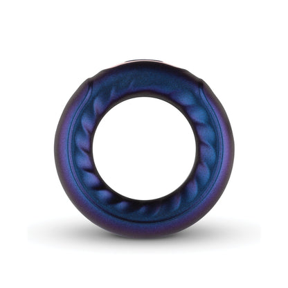 The Hueman Saturn Vibrating Cock & Ball Ring is an iridescent metallic toy with a hollow center and textured surface, featuring blue to purple gradient hues. It offers intergalactic fun with 10 vibration modes against a sleek white backdrop.