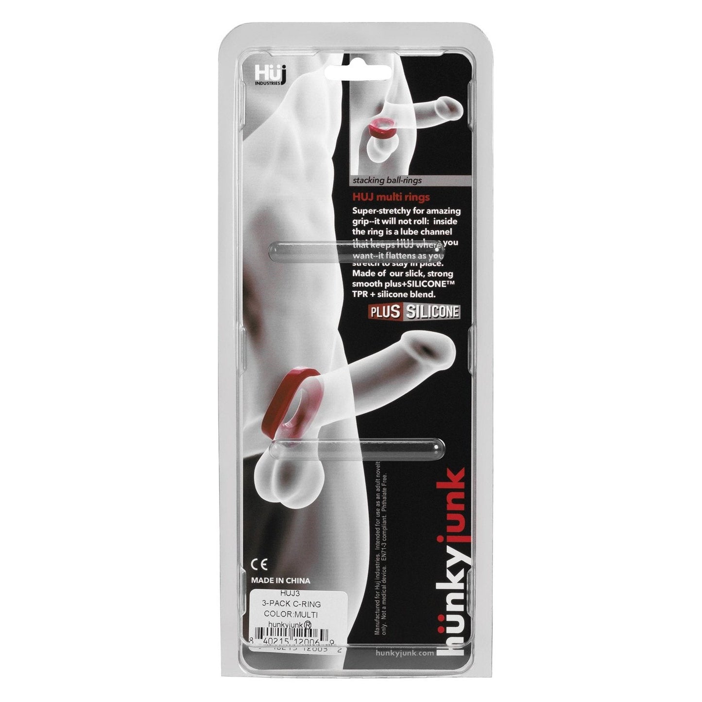 The Hunky Junk C Ring Multi Pack includes three rings in assorted colors, with packaging highlighting their use, Plus+silicone material, durability, and comfort. The product details and branding emphasize this is a quality multi-pack of cock rings by Hunky Junk.