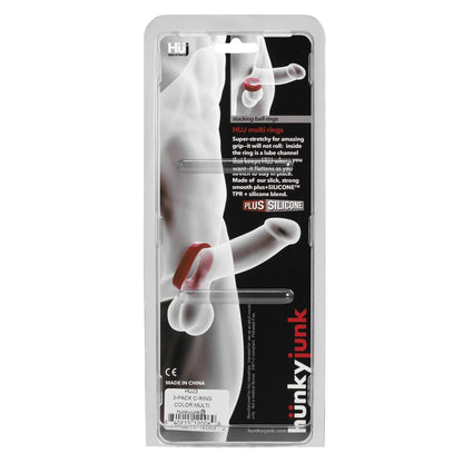 The Hunky Junk C Ring Multi Pack includes three rings in assorted colors, with packaging highlighting their use, Plus+silicone material, durability, and comfort. The product details and branding emphasize this is a quality multi-pack of cock rings by Hunky Junk.